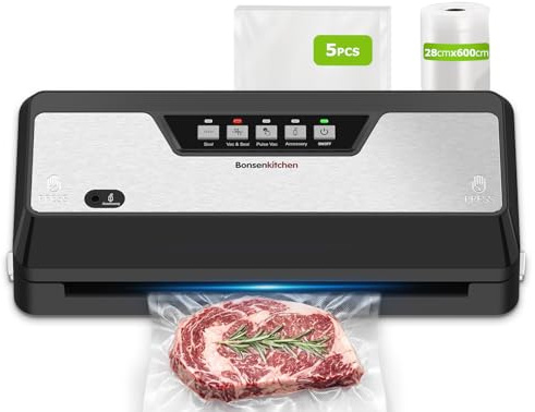 Bonsenkitchen Envasadora al Vacio 125W, Cortador Integrado, VS3019 | 4 Modos de Funcionamiento, Barra de Sellado Ensanchada, Cortador Integrado, 1 Rollo de Bolsas, 5 Bolsas al Vacío