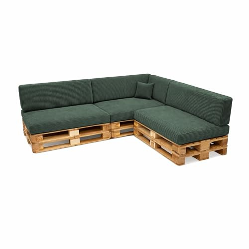 POKAR Palettenkissen 8er Set: 3X Sitzkissen 120x80 + 3X Rückenkissen 120x40 + Seitenkissen + Dekokissen | Palettenauflagen für Palettensofa Cordstoff mit Abnehmbarem Bezug | Made in EU | Flaschengrün