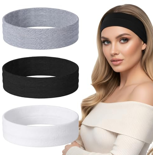 3 Stück Stirnband Damen Sport Haarband, Baumwolle Haarband, Haarbänder Elastisch Headband, Weich Schweißabsorbierend Stirnbänder für Kosmetik Workout Yoga Laufen Fitness Gym