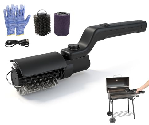 Electric Grill Brush, 180°Adjustable Stainless Steel BBQ Brush, 3-Speed Power Control, Cordless Rechargeable Grill Cleaning Brush with Extra Brushhead and gloves for BBQ Grates