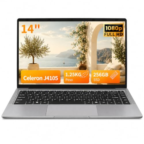 LONGEVINCE PC Portatile 14 Pollici, Notebook Full HD 1920x1080, Celeron J4105, Win11 pro, Computer Portatile Leggero e Sottile, Tastiera Italiana, Mini HDMI, Mouse Wireless (Grigio, 8GB+256GB)