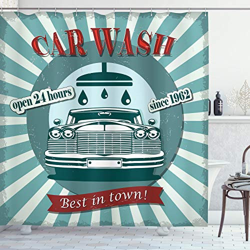 ABAKUHAUS Retro Duschvorhang, Car Wash Sign Gewerbe, Stoffliches Gewebe Badezimmerdekorationsset mit Haken, 175 x 200 cm, Red Teal