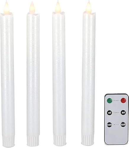 DbKW Perlmutt/Weiß glänzend, 4er Set LED Stabkerzen mit Fernbedienung, Echtflammen-Optik, 4/8 Stunden Timer, Echtwachs. Flackereffekt und Standlicht. Tafelkerzen Kerzen
