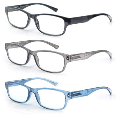 3 Pack Lesebrille 1.0 Herren/Damen,Gute Brillen,Hochwertig,Rechteckig,Komfortabel,Super Lesehilfe,fur Manner und Frauen,Schwarz-Blau-Grau