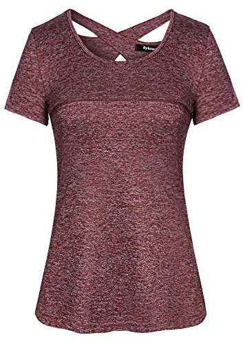 Sykooria Sportshirt Damen Kurzarm Fitness T-Shirt Atmungsaktiv Funktionsshirt Laufshirt Rundhals Leicht Tshirt Gym Oberteile Top Regular Fit, Weinrot XL