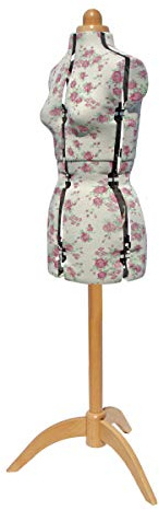 Sewing Online Small Adjustable Dressmakers Dummy in Rosebuds Floral Fabric | Natural, UK Size 10-16, 8-part Dress Form with 3-Leg Natural Wooden Stand