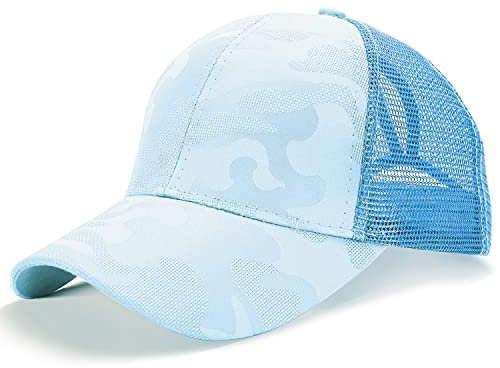 LIVACASA Basecap Damen Mesh Pferdeschwanz Baseball Cap Camouflage Hut Atmungsaktiv Sonnenhut Sonnenschutz Mädchen Kappe Schirmmütze Einheitsgröße Baseballkappe für Sport Reise Camouflage Blau