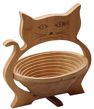 Klappkorb Obstkorb, Holz aus Katze-Design, natürlich braun Untersetzer Schneidebrett Obsthalter, Obstschale, Obstständer, Faltkorb, Bananenständer, Dekoschale,cat