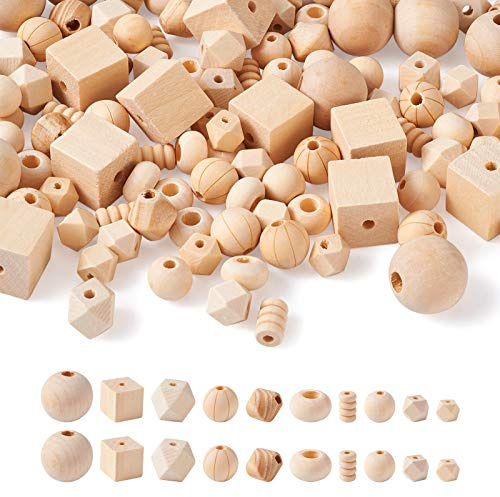 PandaHall Lot de 150 perles en bois naturel brut de formes mixtes à grand trou pour la fabrication de bracelets, colliers, bijoux