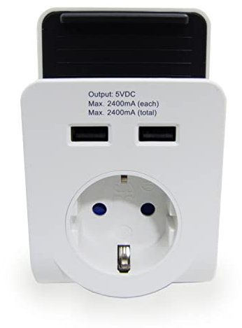 PS-TECH Adaptador de Enchufe Pared con 2X Cargador USB 2.4A Base Cargador Schuko Europeo con Soporte Superior para Cargar Móvil