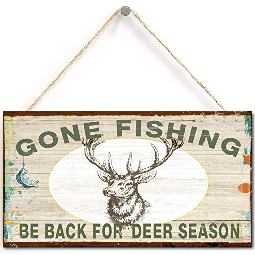 Primitive Hängeschild Gone Fishing Be Back for Deer Season Schild mit Hirschdekor (30,5 x 15,2 cm) (Navy-29)