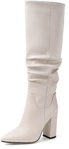 Bviennic Pointed Toe Cowboy Damen Ohne Verschluss Hohen Blockabsatz Slouch Stiefel Winter Kleid Mode Knee Warm Westernstiefel Beige Gr 40.5 EU-42Cn