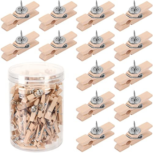 SANNIX 100Pcs Wooden Push Pin Clips with Thumb Tacks for Bulletin Board, Cork Board Decorations, School Office Crafts, Photo Calendar Crafts, Arts Projects, Photo Supplies