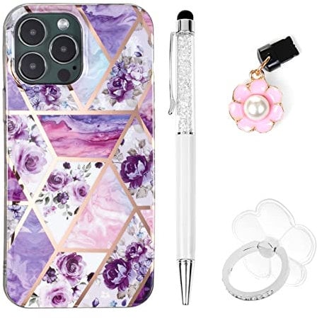 Yiscase Marble Case Compatible with iPhone 14 Pro Case with Stand Ring Holder Kickstand Glitter Sparkle Women Girls Slim Protective TPU Soft Cover with Stylus Pen Dust Plug - Purple