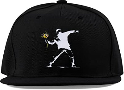 Maikomanija Banksy Street Art Graffiti Blumenüberwurf Baumwolle Flaches Visier Fullcap Baseball Cap Trucker Hat Unisex Sport Atmungsaktiv, Schwarz , One size