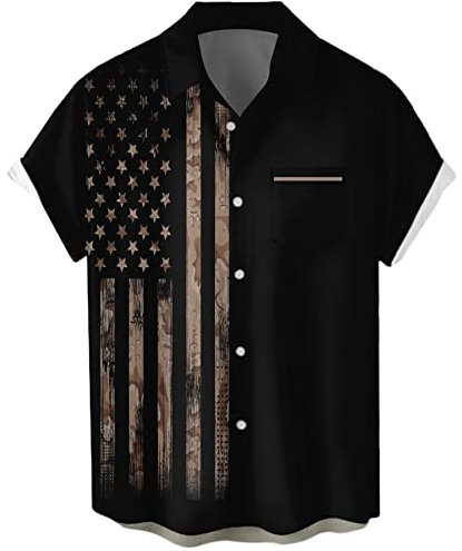 WHO IN SHOP Herrenhemden 4. Juli mit amerikanischer Flagge, patriotische Hemden, kurzärmelig, Knopfleiste, USA, Gedenktags-Hemden, Patriotischer schwarzer Stern, Mittel
