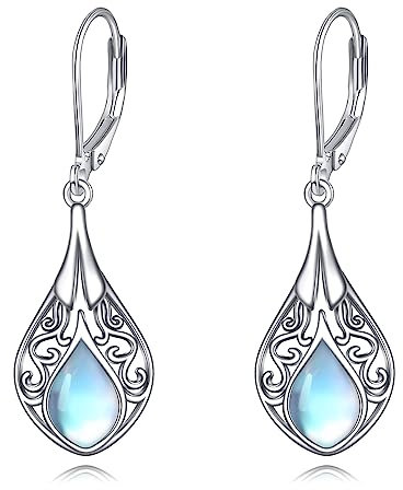 POPLYKE Filigrane Mondstein Leverback Ohrringe 925 Sterling Silber Träne Mondstein Ohrringe Dangle für Damen Schmuck Geschenke