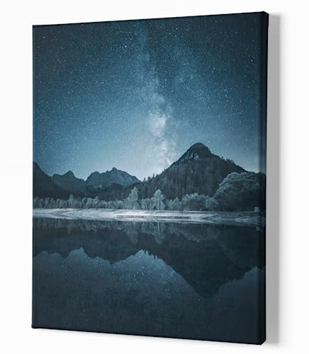 Sterne Leinwandbild 50x70 cm - Canvas 2cm Keilrahmen - Nacht Himmel mit Sternen über dem Gebirge - Poster Kunstdruck Wandbild