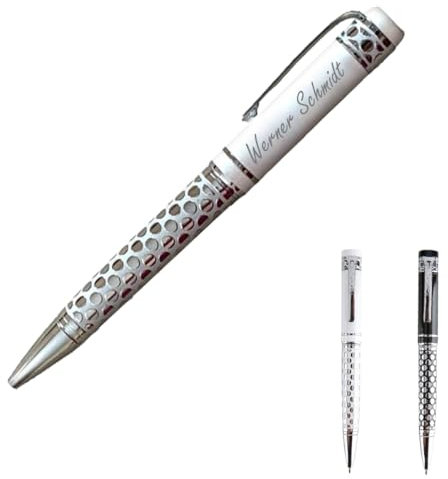 ibera gifts - Edler Kugelschreiber mit Gravur, personalisierter Kugelschreiber mit bis zu 2 Textzeilen, 14,3 cm, Geschenkbeutel inklusive (Weiß groß)