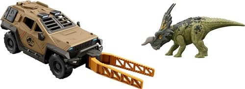 Mattel Jurassic World Truck & Einiosaurus Dinosaurier-Actionfiguren-Spielzeug-Set mit Flip & Roll Funktion, Mission Mayhem Fahrzeug