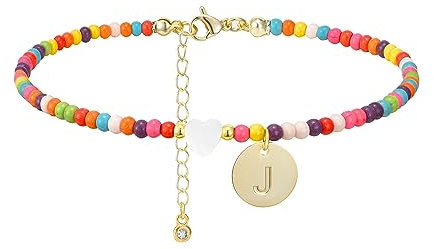 Wremily Fußkettchen für Damen, handgefertigt, mit Perlen, 14 Karat Gold, Buchstabe, Initiale, Herz, Fußkettchen, Boho, bunte Perlen, Knöchelarmbänder, Sommer, Strand, Fußschmuck, Geschenk, Cubic