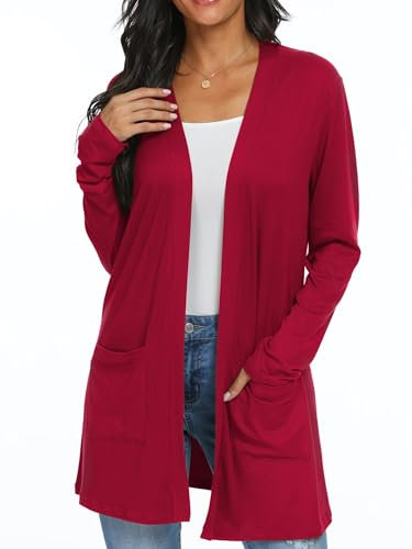 QIXING Womens Cardigans with Pocket Lightweight Long Sleeve Open Front Cardigans for Women UK Elegant Casual Ladies Boyfriends Cardigans for Spring Summer Autumn (Red, L)