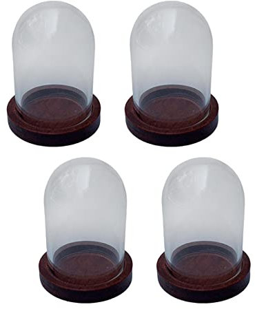 Lot de 4 présentoirs en verre transparent - Cloche dôme en verre - Base en bois - Accessoires pour maison de poupée - Rouge