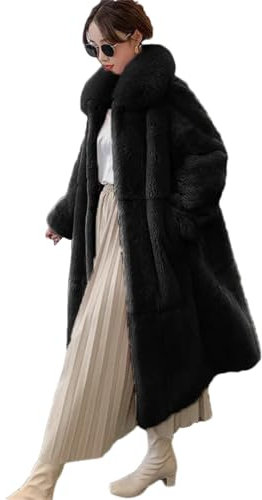 Wvapzxx Große Pelzkragen Faux Pelz Mantel Frauen Winter Revers Lange Plüsch Mantel Dropped Ärmel Flauschige Jacke Mäntel, schwarze Pelzjacke, 50