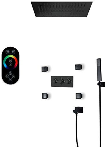 Black Shower System Concealed, 64 Colors LED Music Rainfall Shower Head System Ceil Mounted Bathroom Rain Mixer Shower Combo Set,Remote Control