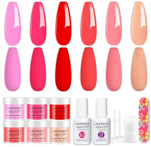 Lavender Violets 12 Pcs Dip Powder Nail Kit 6 Colours Nude Pink Shimmer Salmon Hot Bright Red Dipping Powder Liquid Set with Base & Top Coat Activator,Starter French Nail Art Manicure M208