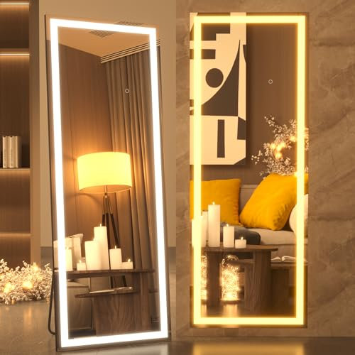 Pertetey Specchio a figura intera a LED da 64 x 21 pollici con luci, cornice nera dimmerabile e 3 modalità di colore specchio lungo da pavimento e parete