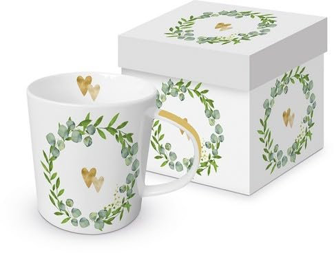 PPD Tasse Hochzeit & Liebe Goldene Herzen im Kranz aus Porzellan im passenden Geschenkkarton. Motivtasse für den gedeckten Tisch und als Geschenk 0,4L x H9.7cm
