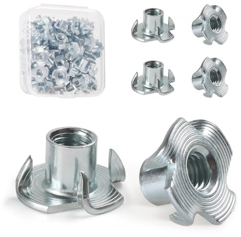 FOMGIIN Dadi a T M4 X 8 mm, 50 Pezzi Acciaio Zincato T Dado, Filettato Dadi a Griffe Dadi con 4 Griffe Legno Inserti per il Fissaggio di Parti di Mobili Dado con Griffe Manicotti da