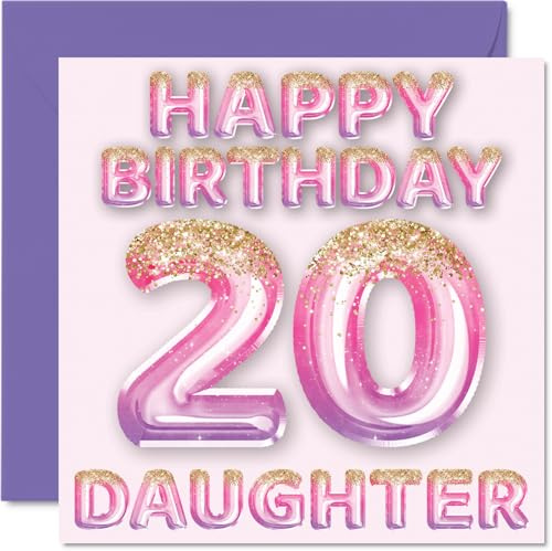 20th Birthday Card for Daughter, Pink & Purple Glitter Balloons | Happy Birthday Cards for 20 Year Old Daughter from Mum or Dad Parents, 145mm Bday Greeting Cards Gift