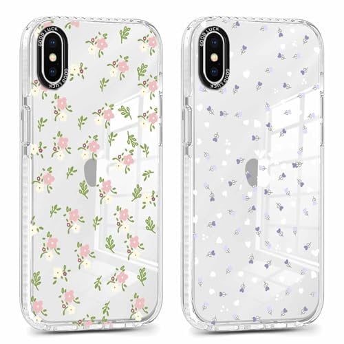 Yoedge 2 Pack Transparent Phone Case Compatible with iPhone X/XS 5.8, Soft Silicone with Flowers Aesthetics Pattern,Shockproof Bumper Protector Matte Floral Cover, for iPhone X Girls