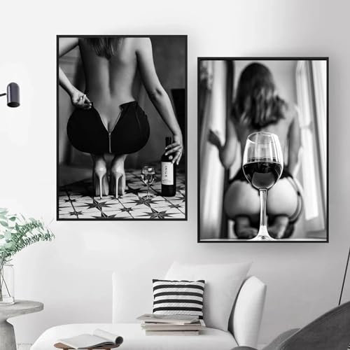 Schwarze und weiße Frauen mit Weinglas, Poster und Drucke, sexy Mädchen, Wandkunst, nackter Körper, Bild für Schlafzimmer, Heimdekoration, Cuadros, 50 x 70 cm (20 x 28 Zoll), 2 Stück, rahmenlos