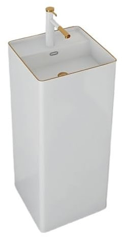 Lavabo sur colonne Lavabo sur pied avec trou de trop-plein, lavabo sur colonne de salle de bain en céramique monobloc, lavabo à colonne carrée moderne avec kit de vidange et robinet Évier sur pied(Gol