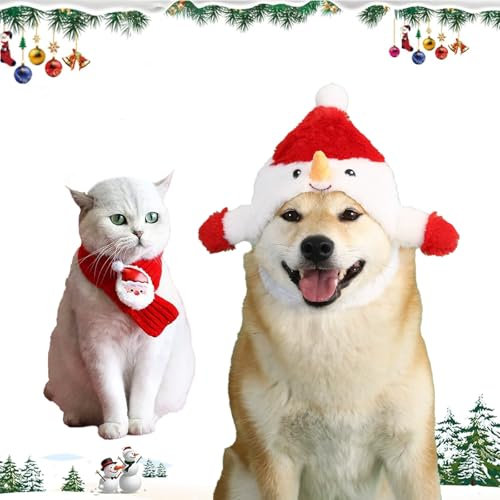 Lyneun 2PC Hund Weihnachtsmütze und Schal, Weihnachtshundekostüme Haustier, Einstellbar Weihnachtsmütze Weihnachtshundeschal für Kleine Mittlere und Große Hunde(Rot)