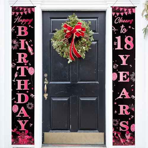 Happy 18th Birthday Party Decorations Black Pink 18th Birthday Door Banner Porch Hanging Banner, 18th Birthday Door Decorations for Girls Her 18 Year Old Indoor Outdoor Garden Black Gold