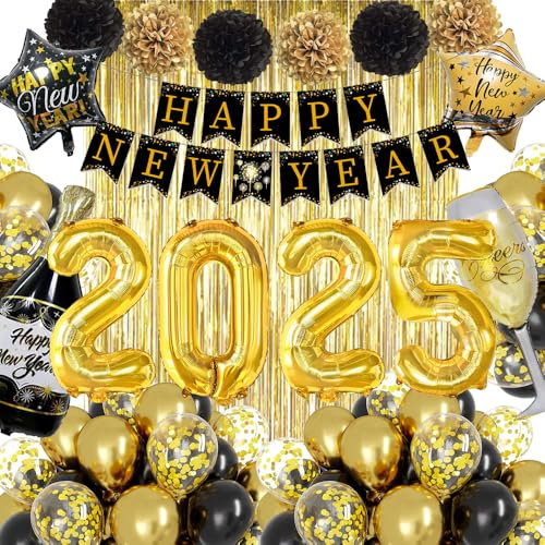 Silvester Deko 2026,Deko Silvester Party 2026 Schwarz Gold Luftballons Set mit Happy New Year Deko Girlande, 2026 Folienballon, Pompoms,Regenvorhang,Weinflasche, Stern für Silvester Neujahr 2026 Party