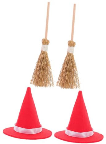 HAWILLOSCH 2 Sets Halloween Witch Hat Halloween Wizard Hat Miniature Witch Hat Small Wizard Hat Doll Hats Mini Witch Broom Mini Witch Cap Mini Hats and Broom Tiny Wizard Hats Miscanthus Red