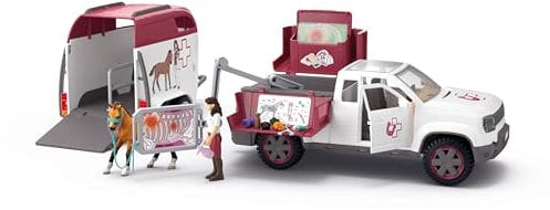 schleich HORSE CLUB | Mobile Tierärztin mit Anhänger 42704 | Set aus Pick-up & Anhänger, 1 Pferd, bewegliche Figur & Zubehör | tolles Geschenk für Mädchen und Jungen | Spielzeug ab 5 Jahren | 90 Teile