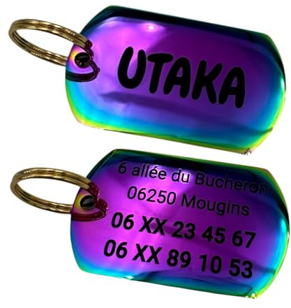 UNIKTAG MÉDAILLE GRAVÉE POUR CHIEN OU CHAT PLAQUE D'IDENTITE, MÉDAILLON ACIER PERSONNALISABLE, ETIQUETTE D'IDENTIFICATION PERSONNALISÉE, PORTE-ADRESSE POUR CHIEN, MEDAILLE D'IDENTITE (Iridium)