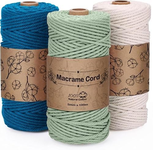 Vautvis 3 Stück Makramee Garn 3mm, Makramee Garn Set, 300g/100 M Rope Garn, Makramee Wolle, 100% Baumwolle, Baumwollkordel, Baumwoll Bastelschnur Für Basteln Stricken Boho Deko DIY Handwerk (B)
