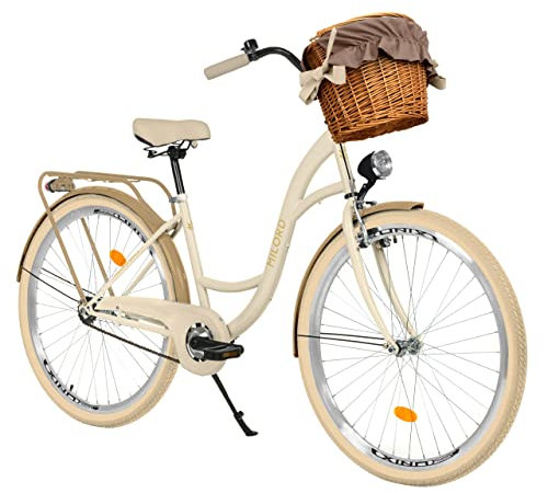 MILORD Damenfahrrad Citybike Komfort Mit Weidenkorb Vintage Fahrrad, 26, 28 Zoll, 1-Gang (Creme-Braun, 26 Zoll)