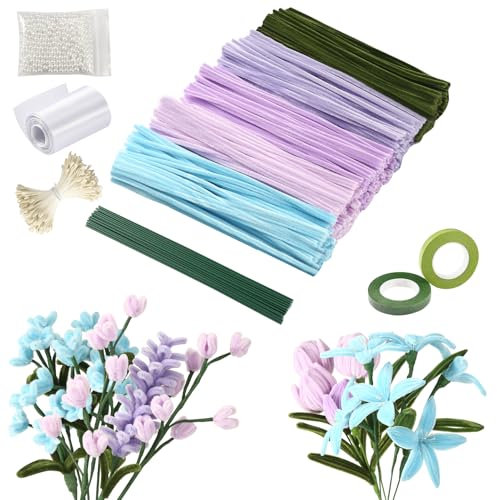 ToKinCen Pfeifenreiniger Blumen Set, 500 Stück Pfeifenreiniger Blumenset zum Basteln, DIY-Komplettset für Handarbeit und Hochzeitsblumendeko
