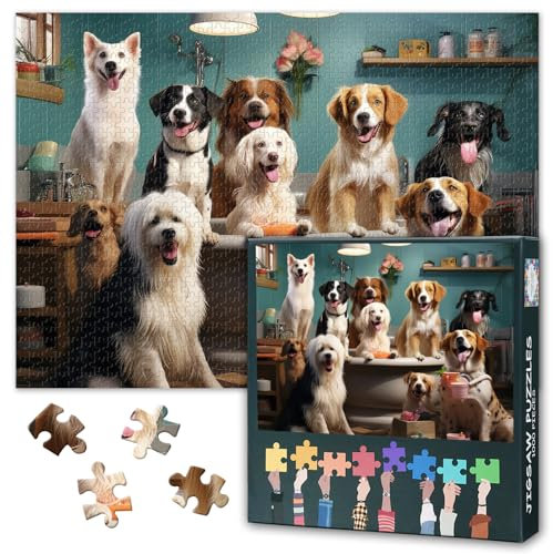 1000 Pieces Jigsaw Puzzle for Adults - Dogs in Bathroom Art with Premium Puzzle Board, Challenging Pet Lover Scenes for Adults - 27.5x19.7 Inches