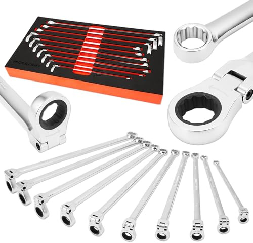 PRIDE&CRAFT 10-Piece Extra Long Ratcheting Wrench Set Metric | Flex Head Double Box End (8-19mm) 2X Longer Wrenches, Chrome Vanadium Steel with 90-Tooth Ratchet for Automotive Repair