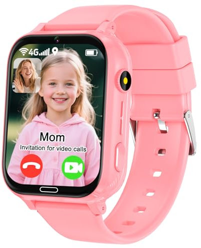 MOONKIDS Kinder Smartwatch, Smartwatch Kinder mit GPS und Telefon, Armbanduhr Kinder Junge, Smart Watch Kinder, Kinderuhr mit Voice Chat, SOS, IP68, Wasserdicht, Spiel (Rosa-4G)