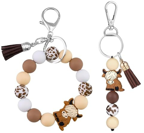 2Pcs Highland Cow Keychain Set, highland cow gifts, Cute Animal Keychain with Tassel, Durable Silicone Beads & Leather Threads (Bar & Bracelet Style)